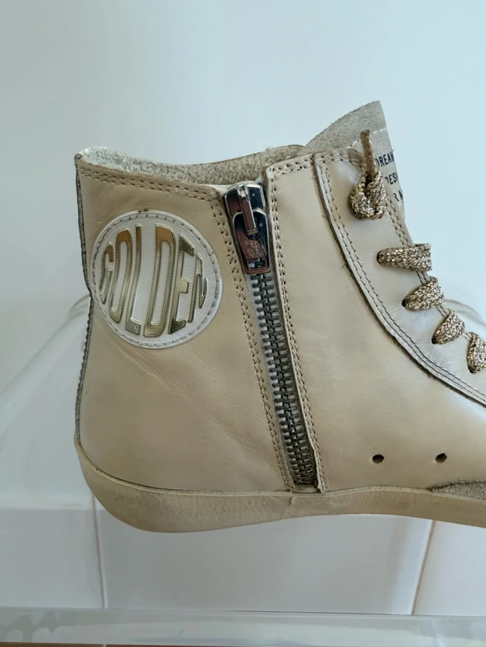 Golden Goose Cream Francy Suede High-Top Sneakers with Gold Metallic Laces - Picture 3 of 6